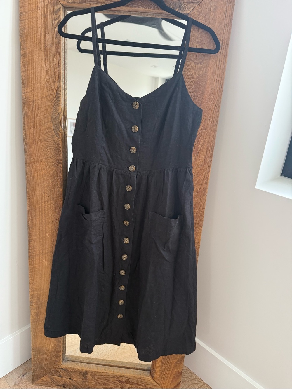 Black Button-Front Sundress with Pockets~ Linen blend